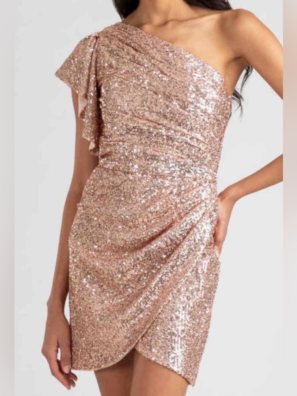 Shoshanna 1-Shoulder Rose Gold Sequin Mini Dress Sz 6 Glam Luxury Party EUC